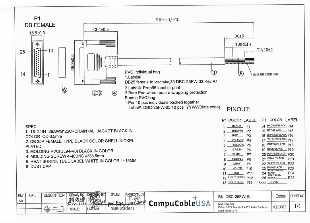 CompuCablePlusUSA.com DB25 Female RS-232 Serial Cable to Lead Wire 3 FT Datasheet