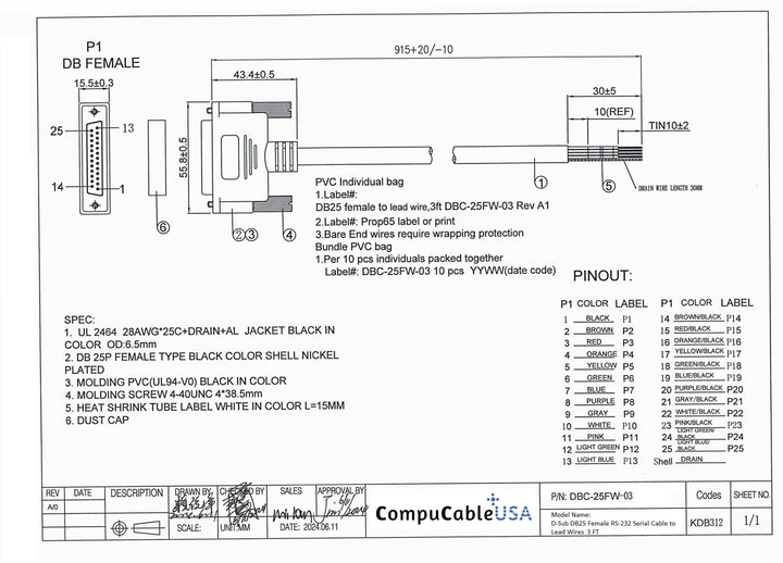 CompuCablePlusUSA.com DB25 Female RS-232 Serial Cable to Lead Wire 3 FT Datasheet