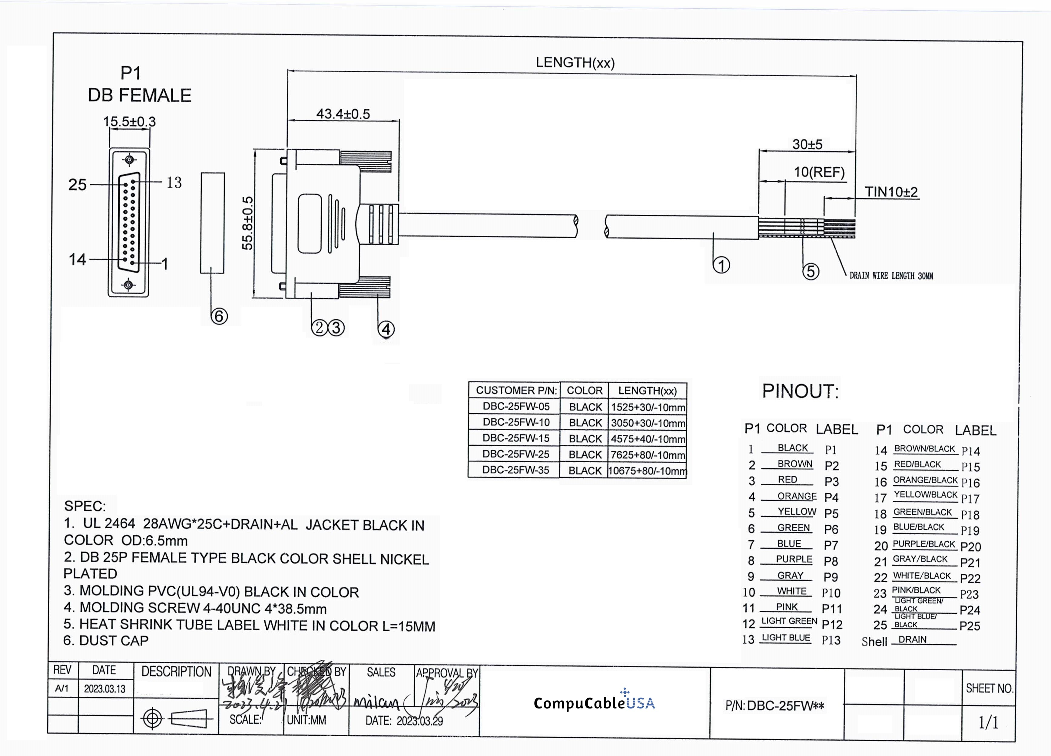 25 Pin RS232 Serial Cable_Female 3/5/10/25 Feet