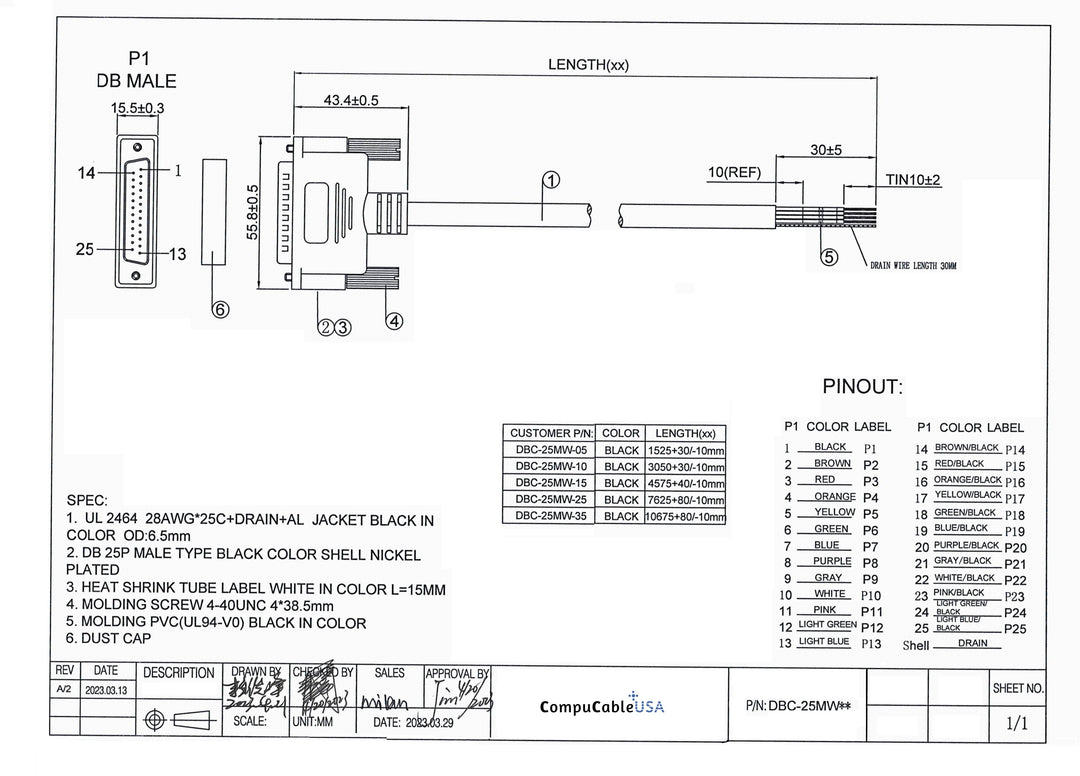 CompuCablePlusUSA.com DB25 Male RS-232 Serial Cable to Lead Wire 5 FT to 35 FT Datasheet