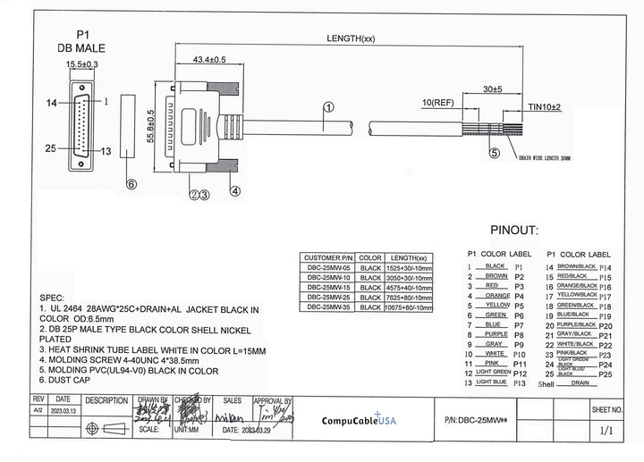 CompuCablePlusUSA.com DB25 Male RS-232 Serial Cable to Lead Wire 5 FT to 35 FT Datasheet