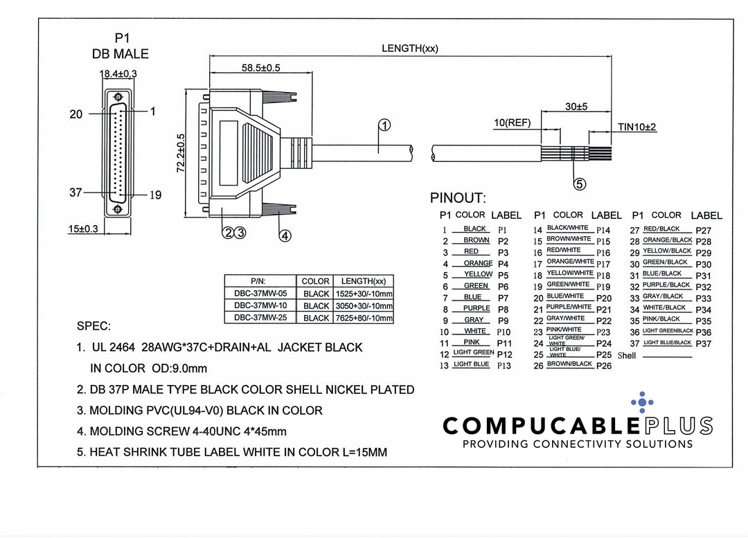DB37 Male RS-232 Serial Cable to Lead Wires Data Sheet.