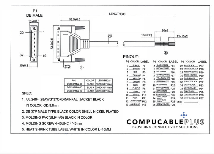 DB37 Male RS-232 Serial Cable to Lead Wires Data Sheet.