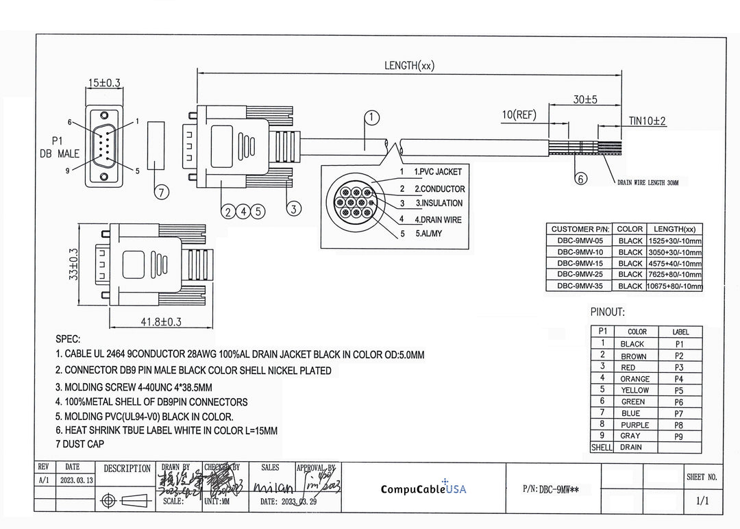 CompuCablePlusUSA.com DB9 Male RS-232 Serial Cable to Lead Wire 5 FT to 35 FT Datasheet