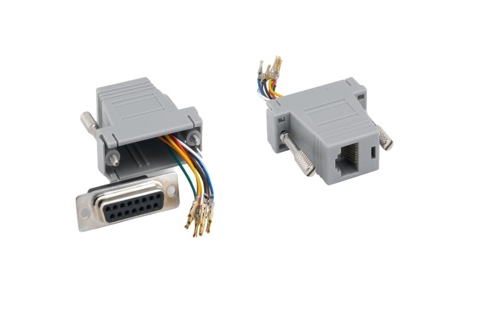 CompuCblePlusUSA.com DB15 Female to RJ45 (8P8C) Female Modular Adapter Gray Front - DB15 Female to Back - RJ45 Female.
