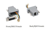 CompuCblePlusUSA.com DB15 Female to RJ45 (8P8C) Female Modular Adapter Gray Front - DB15 Female to Back - RJ45 Female.