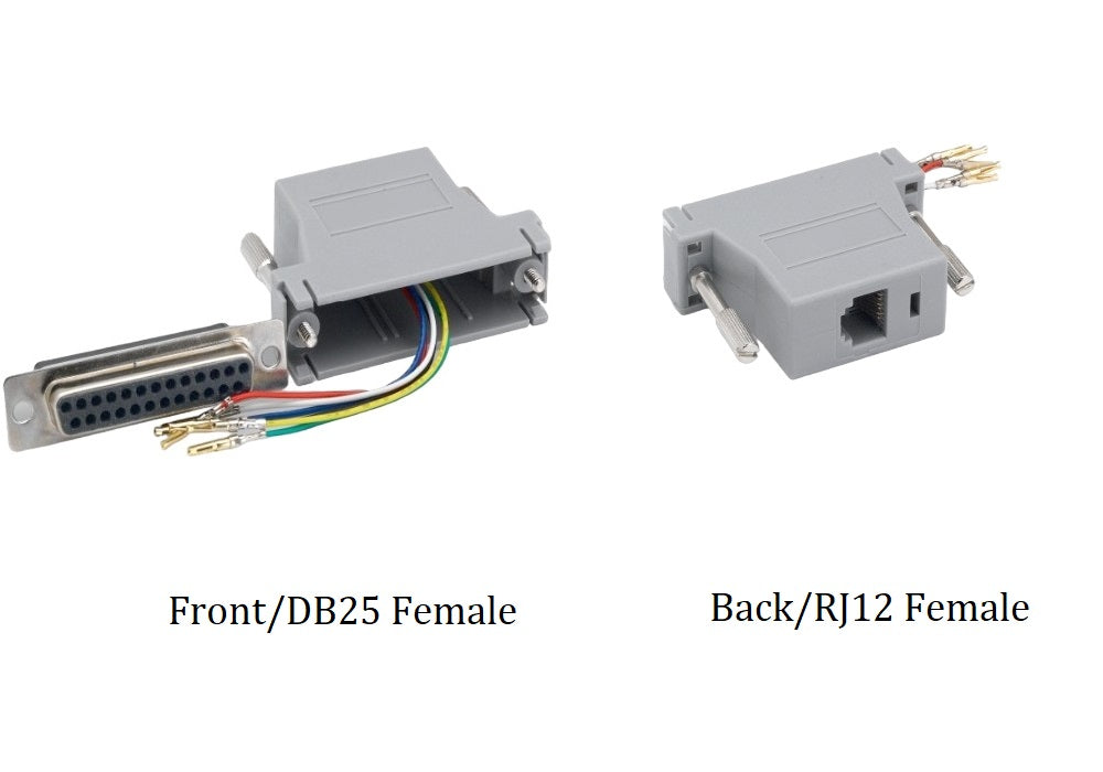 CompuCablePlusUSA.com DB25 Female to RJ12 (6P6C) Female Modular Adapter Gray, Front - DB25 Female to Back - RJ12 Female.