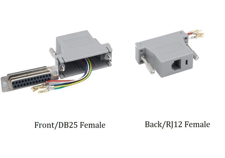 CompuCablePlusUSA.com DB25 Female to RJ12 (6P6C) Female Modular Adapter Gray, Front - DB25 Female to Back - RJ12 Female.