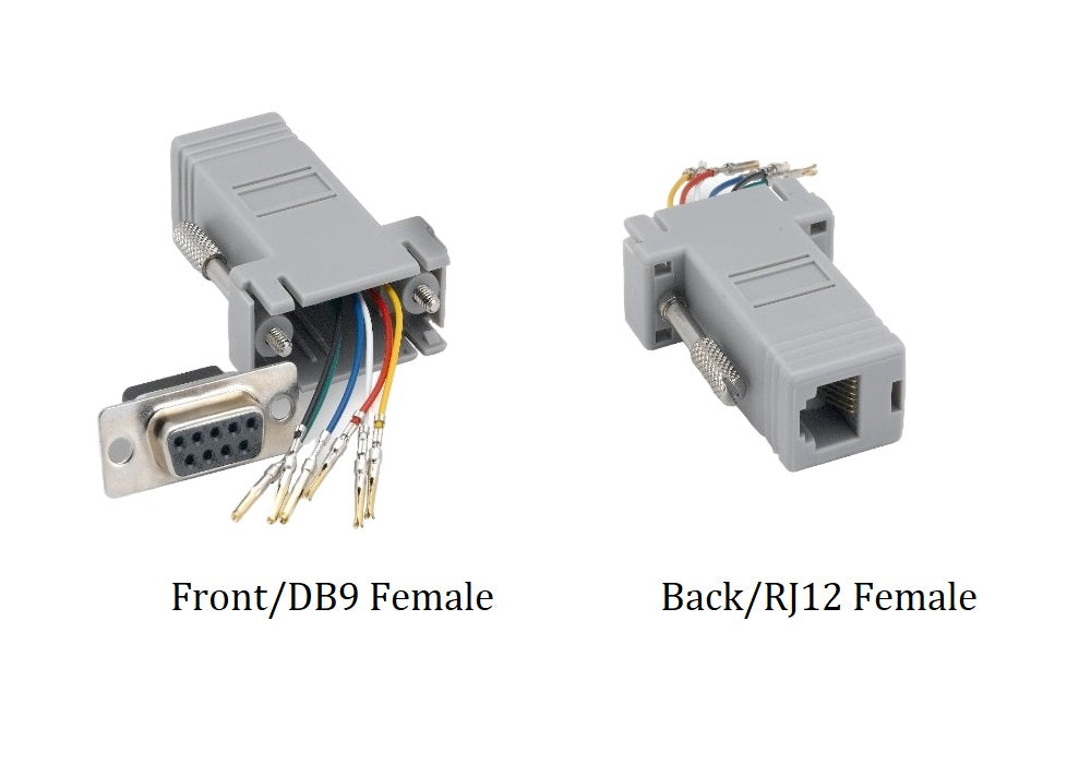CompuCablePlusUSA.com D-Sub Conversion - Modular Adapter - Front view DB9 Female to Back view RJ12 (6P6C) Female Modular Adapter.