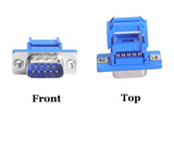 CompuCablePlusUSA.com DB9 Male IDC Metal Shell Connector for Serial RS-232 | 9-Pin DE9 Connector Front View and Top View.