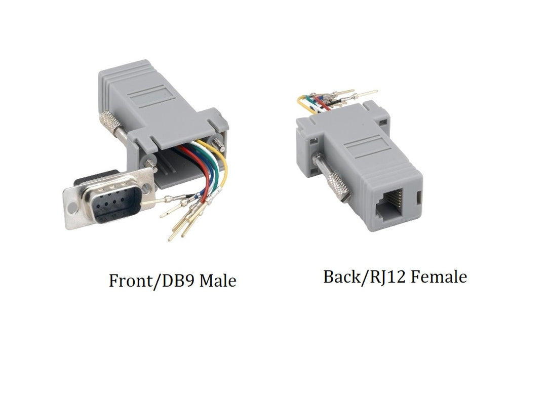 CompuCablePlusUSA.com DB9 Male to RJ12 (6P6C) Female Modular Adapter Gray. Front/DB9 Male Connector and Back/RJ12 Female Connector Images.
