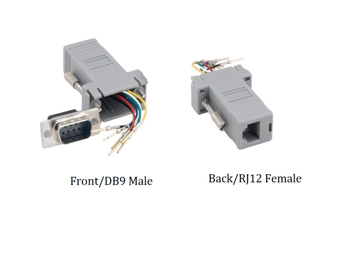 CompuCablePlusUSA.com DB9 Male to RJ12 (6P6C) Female Modular Adapter Gray. Front/DB9 Male Connector and Back/RJ12 Female Connector Images.