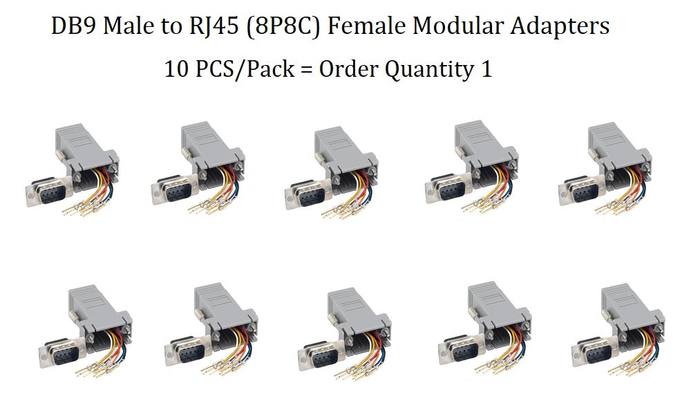 CompuCablePlusUSA.com D-Sub Conversion - Modular Adapter - DB9 Male to RJ45 (8P8C) Female Modular Adapter. 10 PCS/Pack = Order Quantity 1.