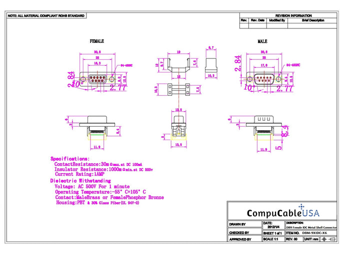 CompuCablePlusUSA.com DB9 Male IDC Metal Shell Connector for Serial RS-232 | 9-Pin DE9 Connector Data Sheet.