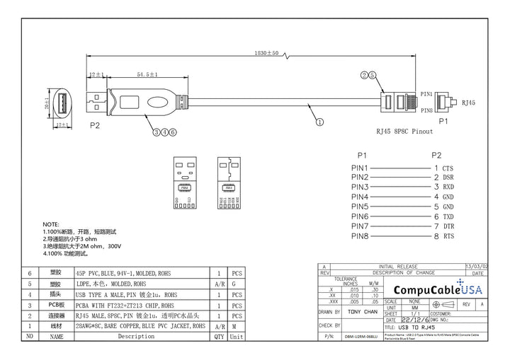 CompuCablePlusUSA.com 6 Feet USB 2.0 Type A Male converts to RJ45 Male 8P8C Console Cable Data Sheet.