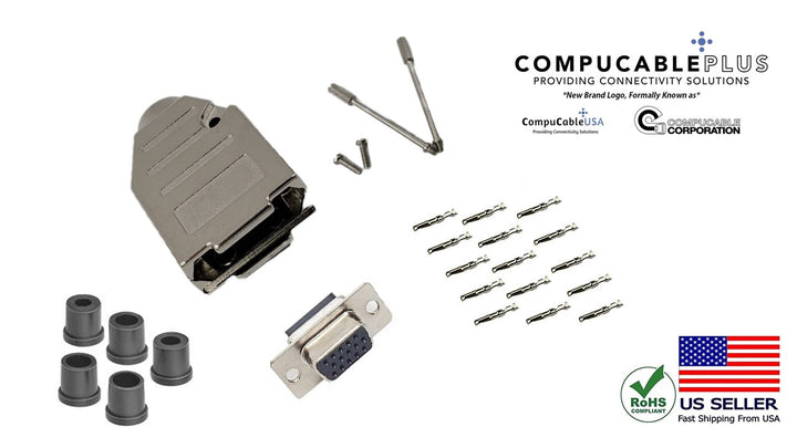 Female DB15 HD Crimp Type DIY Kit. Complete Bundle DIY Kit Includes D-Sub Crimp Connector, Crimp Pins, Deluxe No-Ear, Full Profile Metal Housing, Strain Relief Grommet, and Screws.