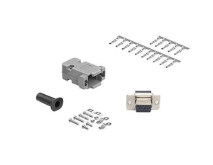 CompuCablePlusUSA.com High Density DB15 Crimp Female Connector complete bundle DIY Kit includes high density connector, plastic hood, female crimp pin, and screws.