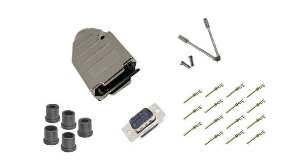 Male DB15 HD Crimp Type DIY Kit. Complete Bundle DIY Kit Includes D-Sub Crimp Connector, Crimp Pins, Deluxe No-Ear, Full Profile Metal Housing, Strain Relief Grommet, and Screws.