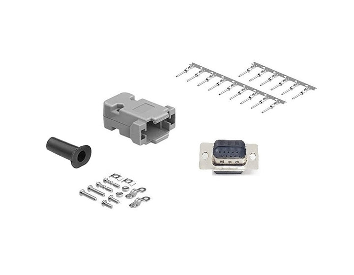 CompuCablePlusUSA.com High Density DB15 Crimp Male Connector complete bundle DIY Kit includes connector, hood, male crimp pin, strain relief grommet and screws.