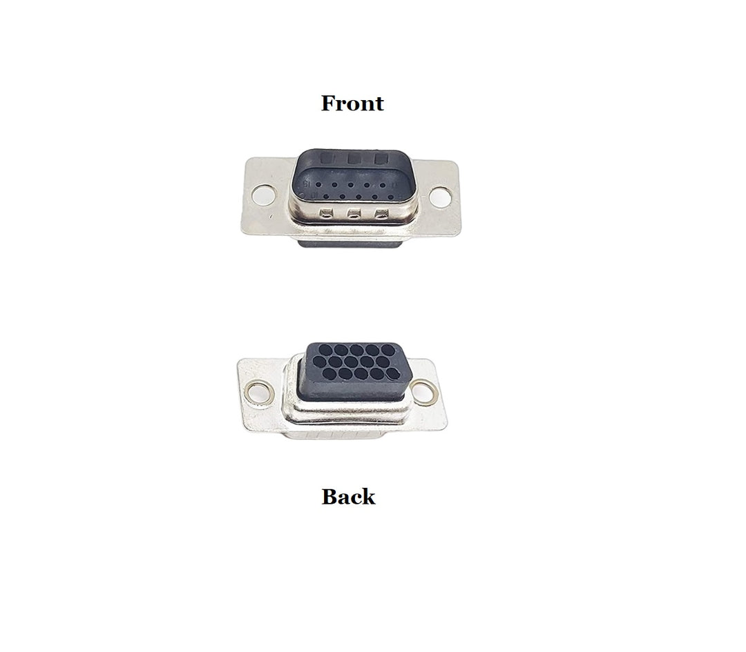 CompuCablePlusUSA.com D-Sub Crimp Type High Density DB15 3 Row Connector front view and back view images.
