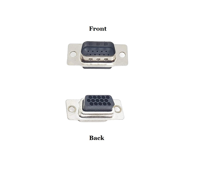 CompuCablePlusUSA.com D-Sub Crimp Type High Density DB15 3 Row Connector front view and back view images.