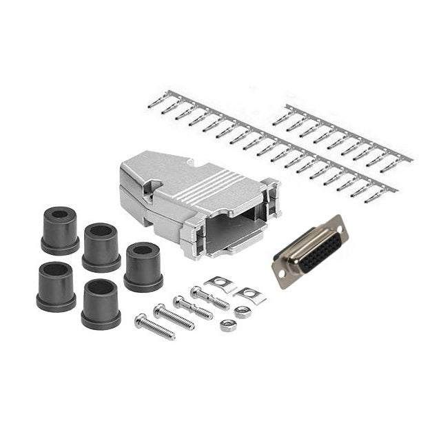 CompuCablePlusUSA.com D-Sub High Density 26 Pin Female Crimp Type DIY Kit with Shielded Metal Hood including a piece of Connector, 26 high density female pins, one metal hood, screws, nuts,washers and 5 different size of strain relief grommets on a white background. 
