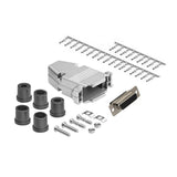 CompuCablePlusUSA.com D-Sub High Density 26 Pin Female Crimp Type DIY Kit with Shielded Metal Hood including a piece of Connector, 26 high density female pins, one metal hood, screws, nuts,washers and 5 different size of strain relief grommets on a white background. 