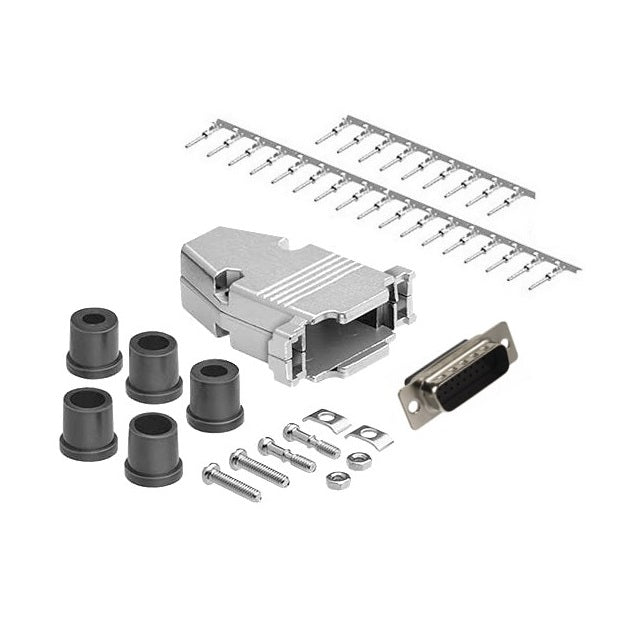 CompuCablePlusUSA.com D-Sub High Density 26 Pin Male Crimp Type DIY Kit with Shielded Metal Hood including a piece of Connector, 26 high density male pins, one metal hood, screws, nuts,washers and 5 different size of strain relief grommets on a white background. 