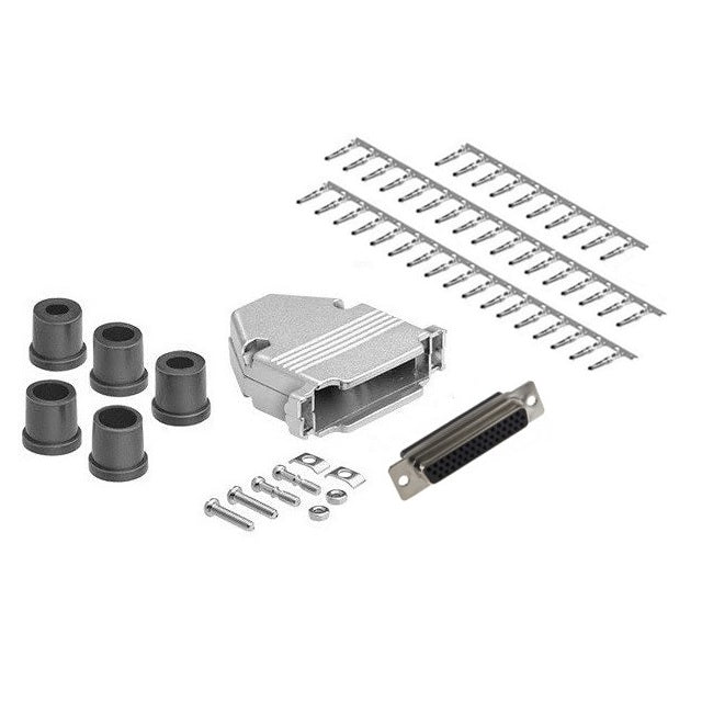 CompuCablePlusUSA.com D-Sub High Density 44 Pin Female Crimp Type DIY Kit with Shielded Metal Hood including a piece of Connector, 44 high density female pins, one metal hood, screws, nuts,washers and 5 different size of strain relief grommets on a white background. 