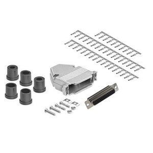 CompuCablePlusUSA.com D-Sub High Density 44 Pin Female Crimp Type DIY Kit with Shielded Metal Hood including a piece of Connector, 44 high density female pins, one metal hood, screws, nuts,washers and 5 different size of strain relief grommets on a white background. 