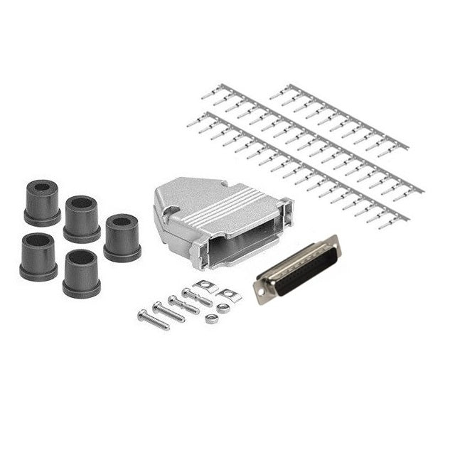 CompuCablePlusUSA.com D-Sub High Density 44 Pin Male Crimp Type DIY Kit with Shielded Metal Hood including a piece of Connector, 44 high density male pins, one metal hood, screws, nuts,washers and 5 different size of strain relief grommets on a white background. 