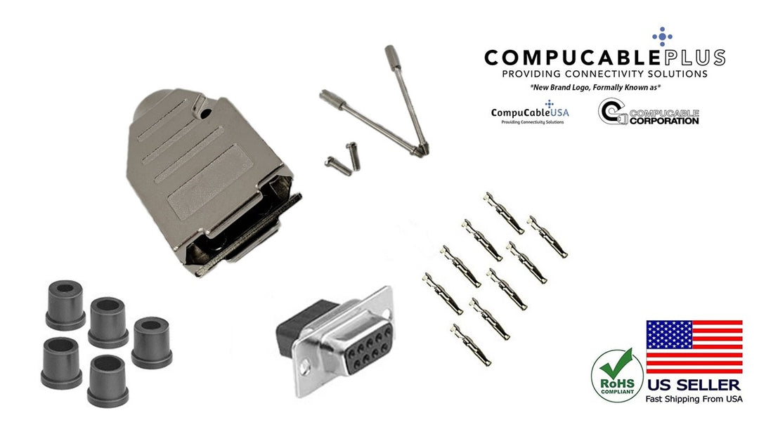 Female DB9 Crimp Type DIY Kit. Complete Bundle DIY Kit Includes D-Sub Crimp Connector, Crimp Pins, Deluxe No-Ear, Full Profile Metal Housing, Strain Relief Grommet, and Screws.