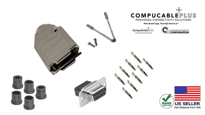 Female DB9 Crimp Type DIY Kit. Complete Bundle DIY Kit Includes D-Sub Crimp Connector, Crimp Pins, Deluxe No-Ear, Full Profile Metal Housing, Strain Relief Grommet, and Screws.