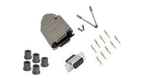 Male DB9 Crimp Type DIY Kit. Complete Bundle DIY Kit Includes D-Sub Crimp Connector, Crimp Pins, Deluxe No-Ear, Full Profile Metal Housing, Strain Relief Grommet, and Screws.