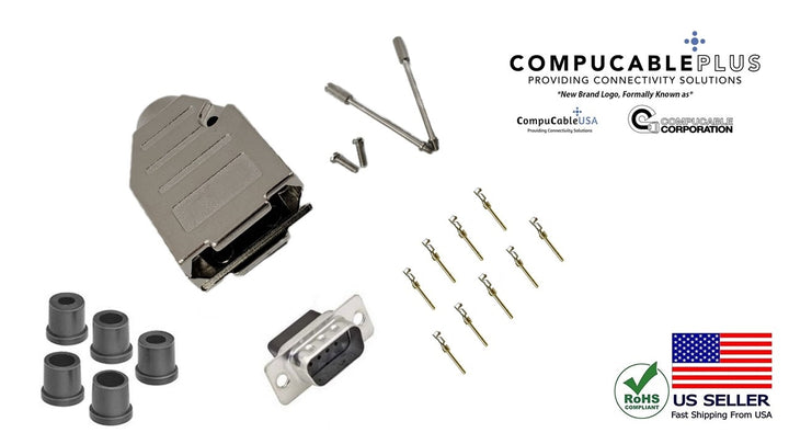 Male DB9 Crimp Type DIY Kit. Complete Bundle DIY Kit Includes D-Sub Crimp Connector, Crimp Pins, Deluxe No-Ear, Full Profile Metal Housing, Strain Relief Grommet, and Screws.
