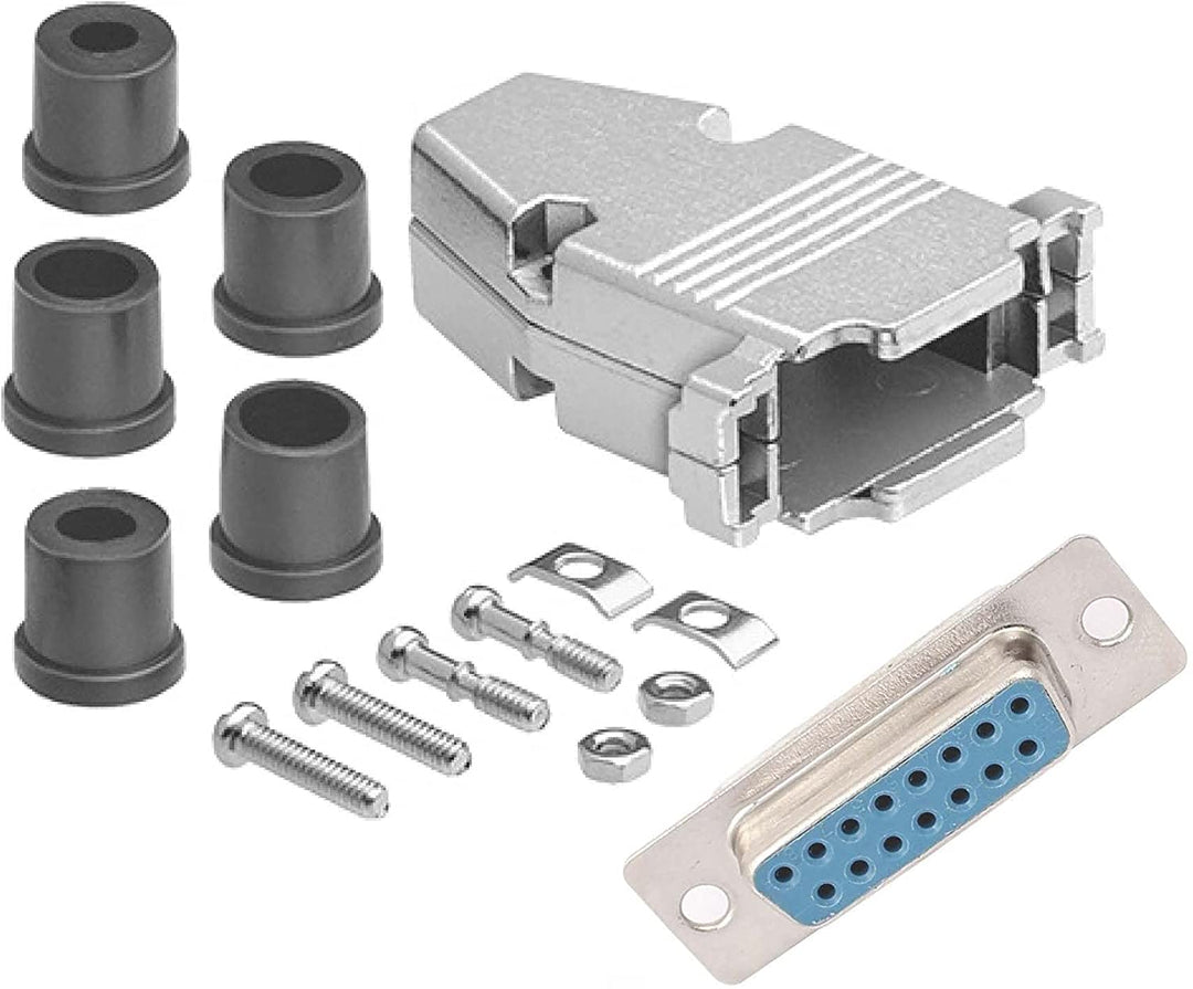 D-Sub connector kit with metal housing, screws, and blue connector on a white background