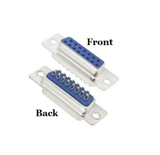 Two views of a connector with blue pins on a white background