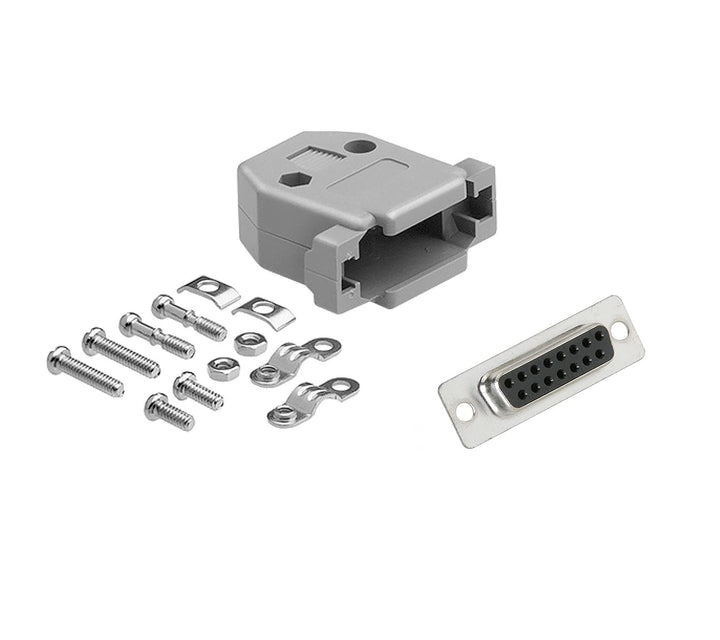 CompuCablePlusUSA DB15 Female D-Sub solder type connector DIY Kit with plastic hood, screws, and brass gold flash plated contacts. Lightweight, RoHS compliant.