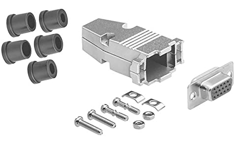 High Density DB15 solder female connector complete bundle DIY kit includes connector, housing, strain relief grommets and screws.