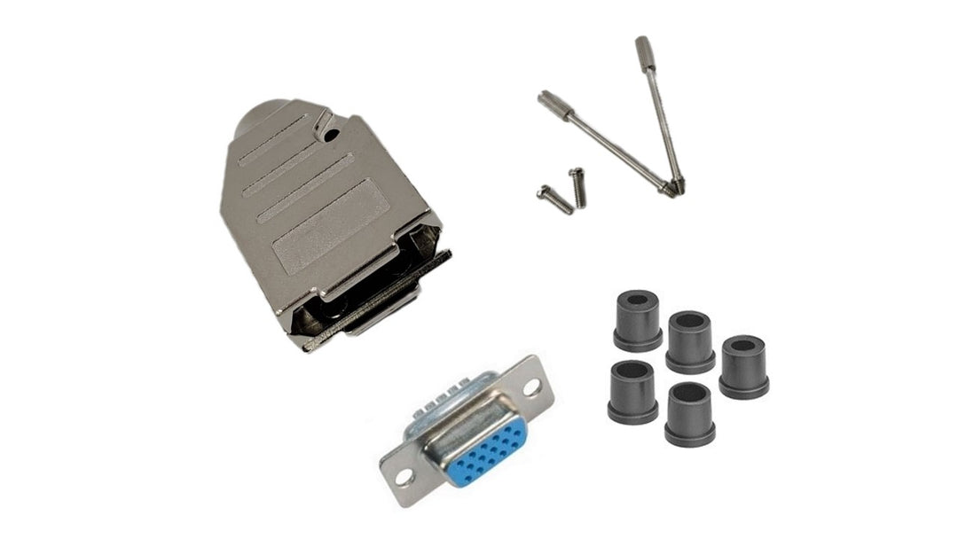 Female DB15 HD Solder Type DIY Kit. Complete Bundle DIY Kit Includes D-Sub Connector, Deluxe No-Ear, Full Profile Metal Housing, Strain Relief Grommet, and Screws.