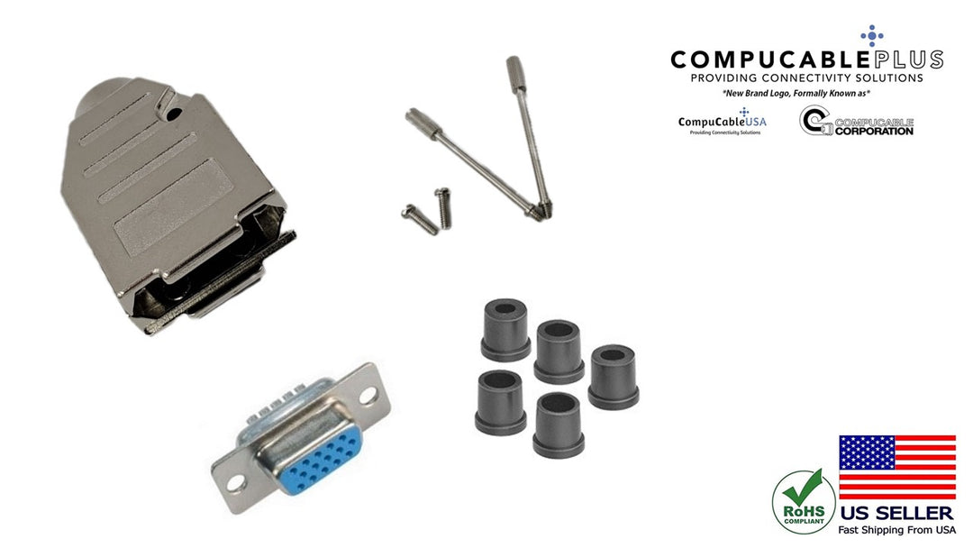Female DB15 HD Solder Type DIY Kit. Complete Bundle DIY Kit Includes D-Sub Connector, Deluxe No-Ear, Full Profile Metal Housing, Strain Relief Grommet, and Screws.