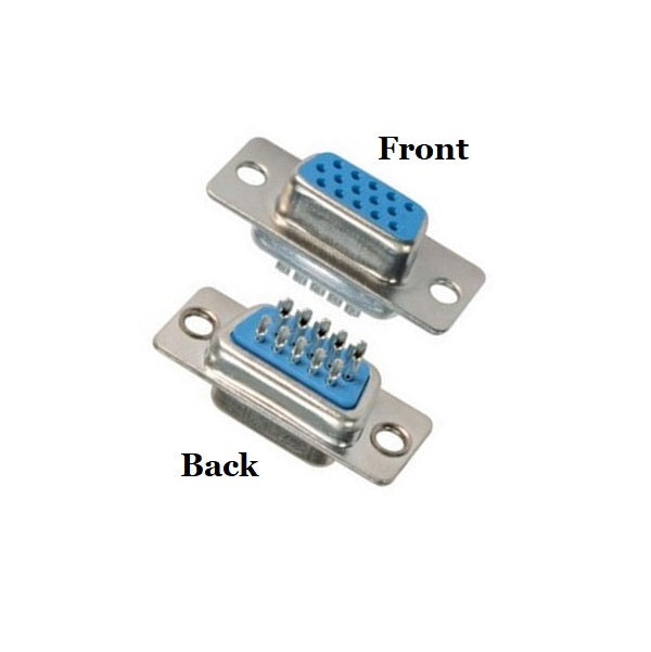 CompuCablePlusUSA High Density DB15 Female D-Sub solder type connector Front and Back Views. 