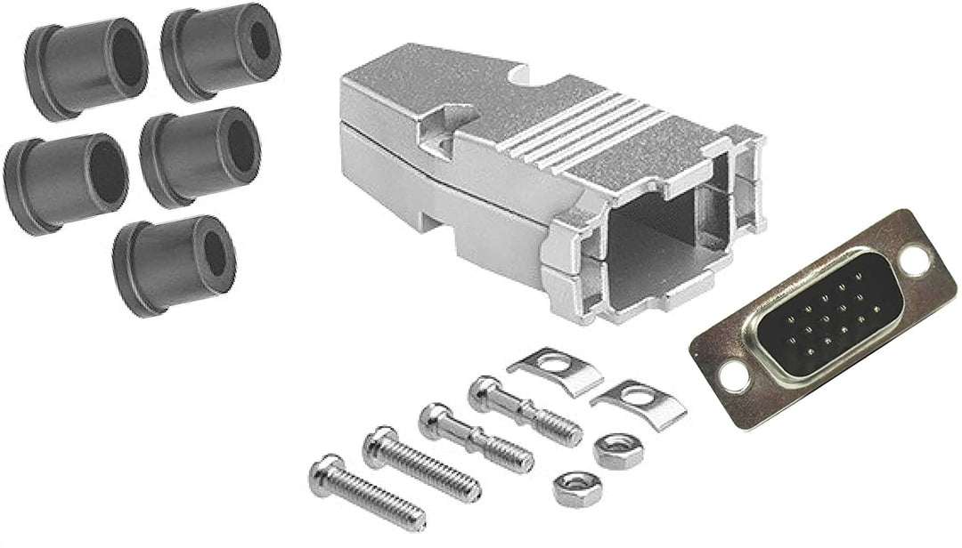 High Density DB15 solder male connector complete bundle DIY kit includes high density connector, housing, strain relief grommets and screws.
