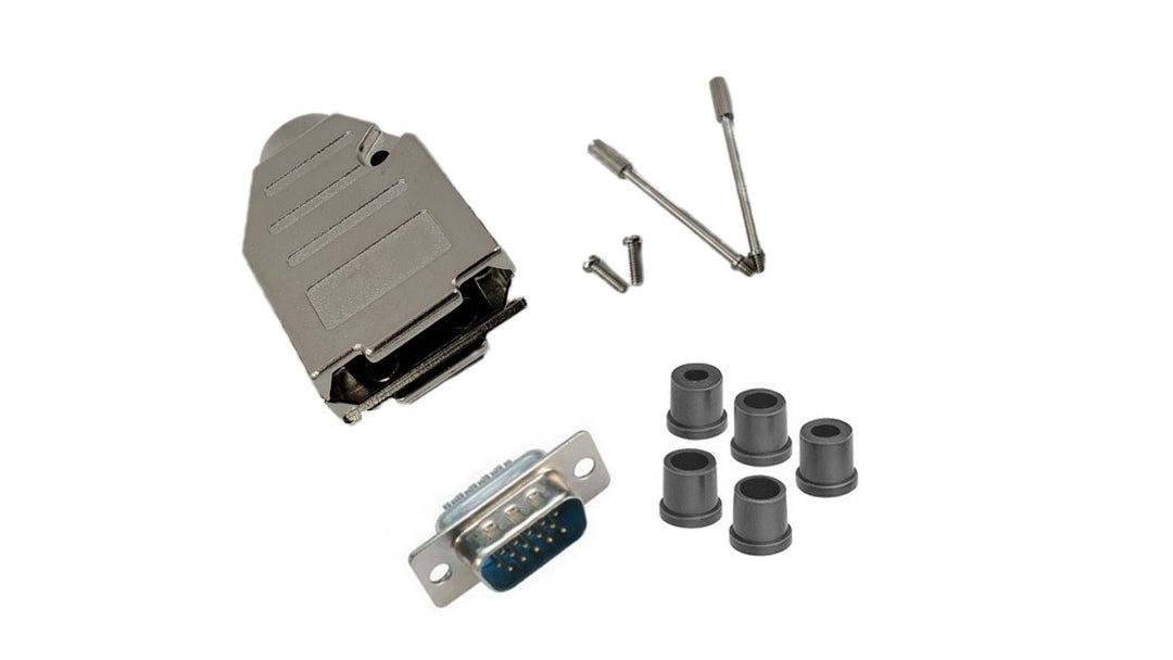 Male DB15 HD Solder Type DIY Kit. Complete Bundle DIY Kit Includes D-Sub Connector, Deluxe No-Ear, Full Profile Metal Housing, Strain Relief Grommet, and Screws.