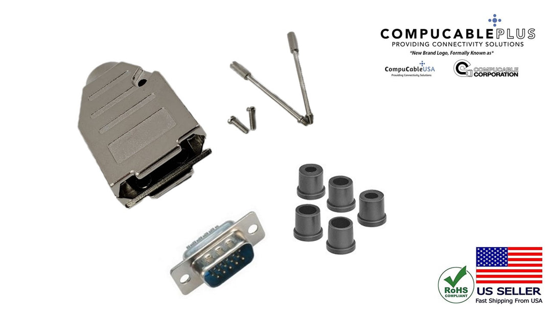 Male DB15 HD Solder Type DIY Kit. Complete Bundle DIY Kit Includes D-Sub Connector, Deluxe No-Ear, Full Profile Metal Housing, Strain Relief Grommet, and Screws.