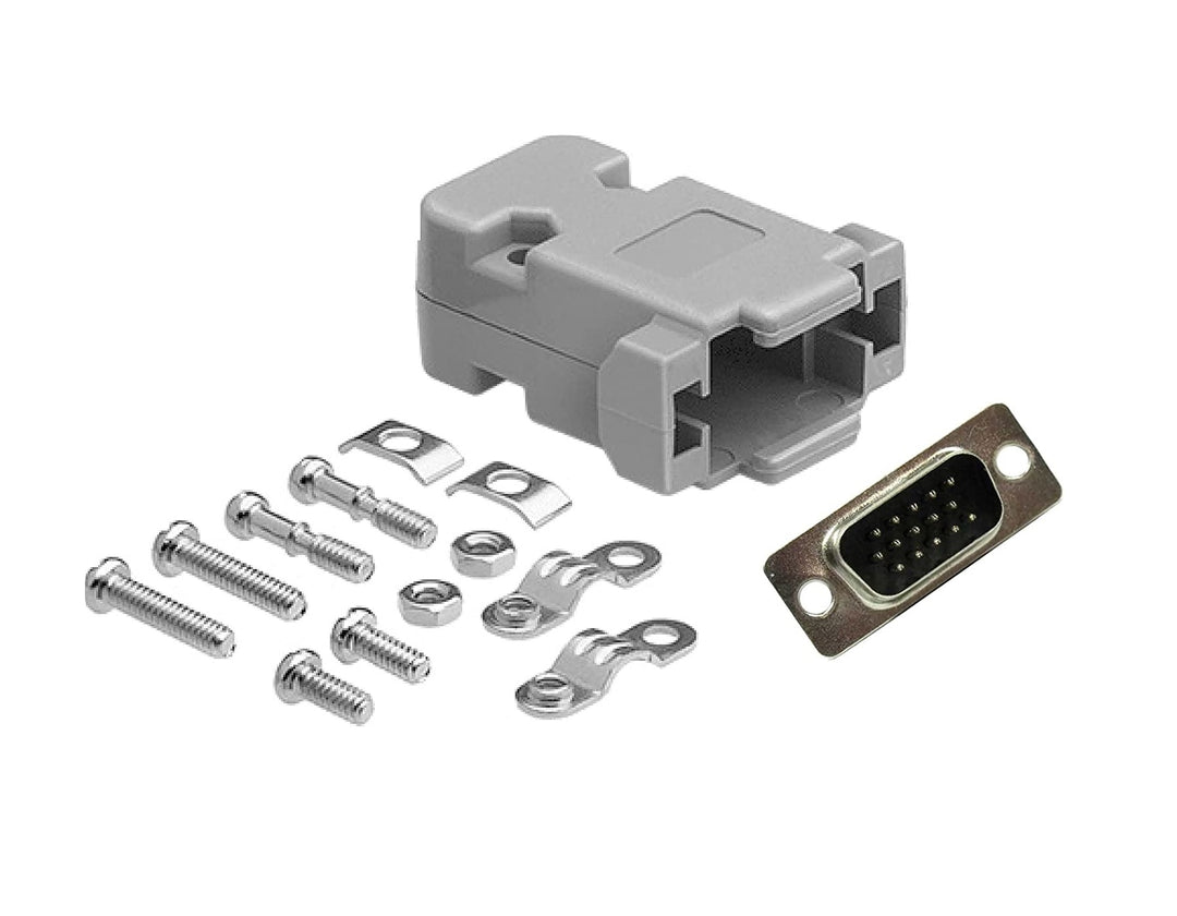 CompuCablePlusUSA High Density DB15 Male D-Sub solder type connector DIY Kit with plastic hood, screws, and brass gold flash plated contacts. Lightweight, RoHS compliant.