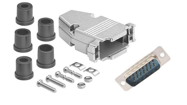 Electrical connectors including a silver connector, black bushings, and screws on a white background