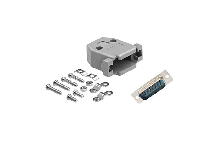 CompuCablePlusUSA DB15 Male D-Sub solder type connector DIY Kit with plastic hood, screws, and brass gold flash plated contacts. Lightweight, RoHS compliant.