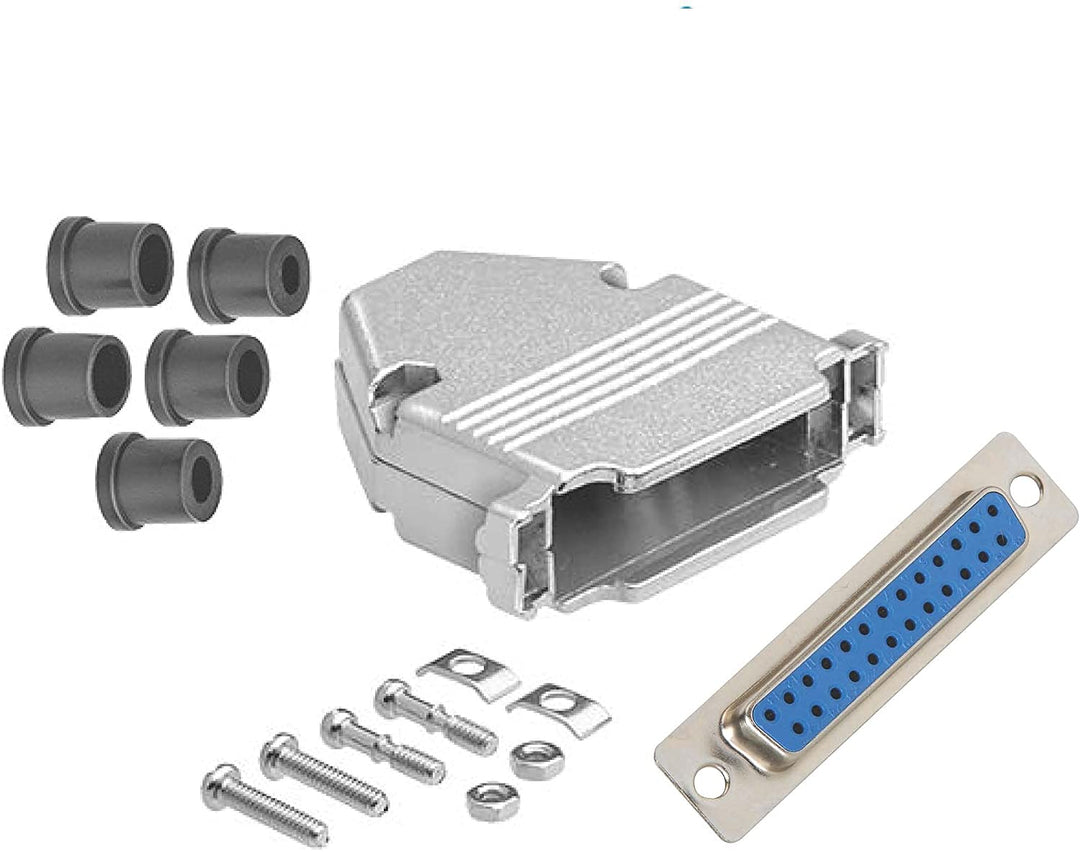 D-Sub connector kit with metal housing, screws, and Solder connector on a white background