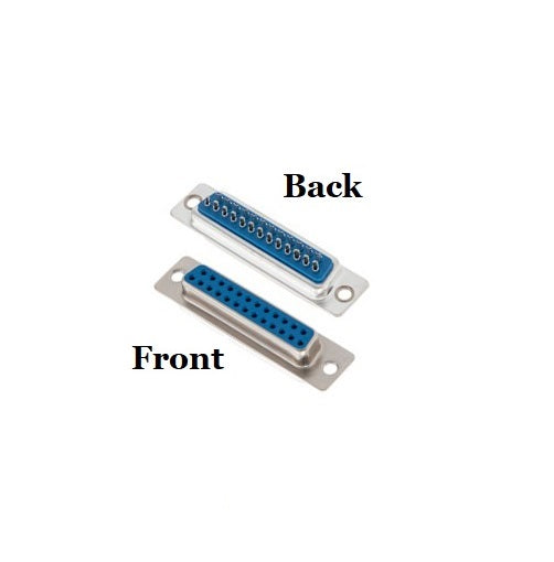 Connector with labeled front and back views on a white background